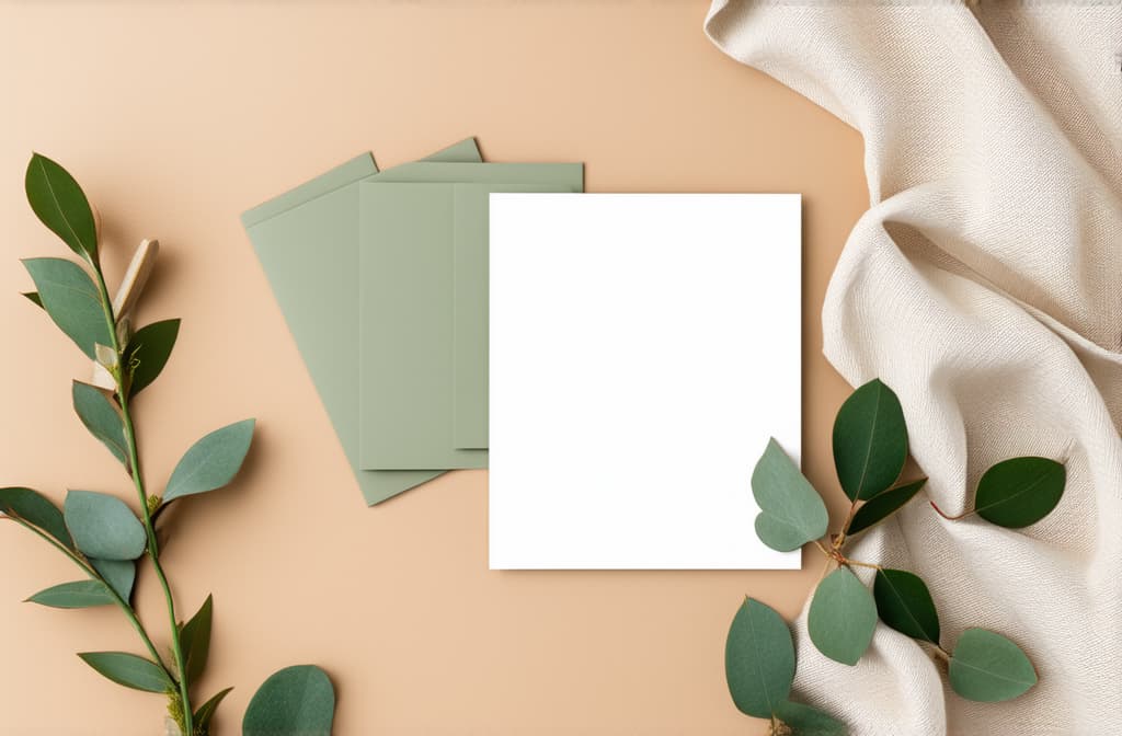  flat lay mockup wedding invitation set with eucalyptus and fabric on the beige background ar 3:2 {prompt}, maximum details