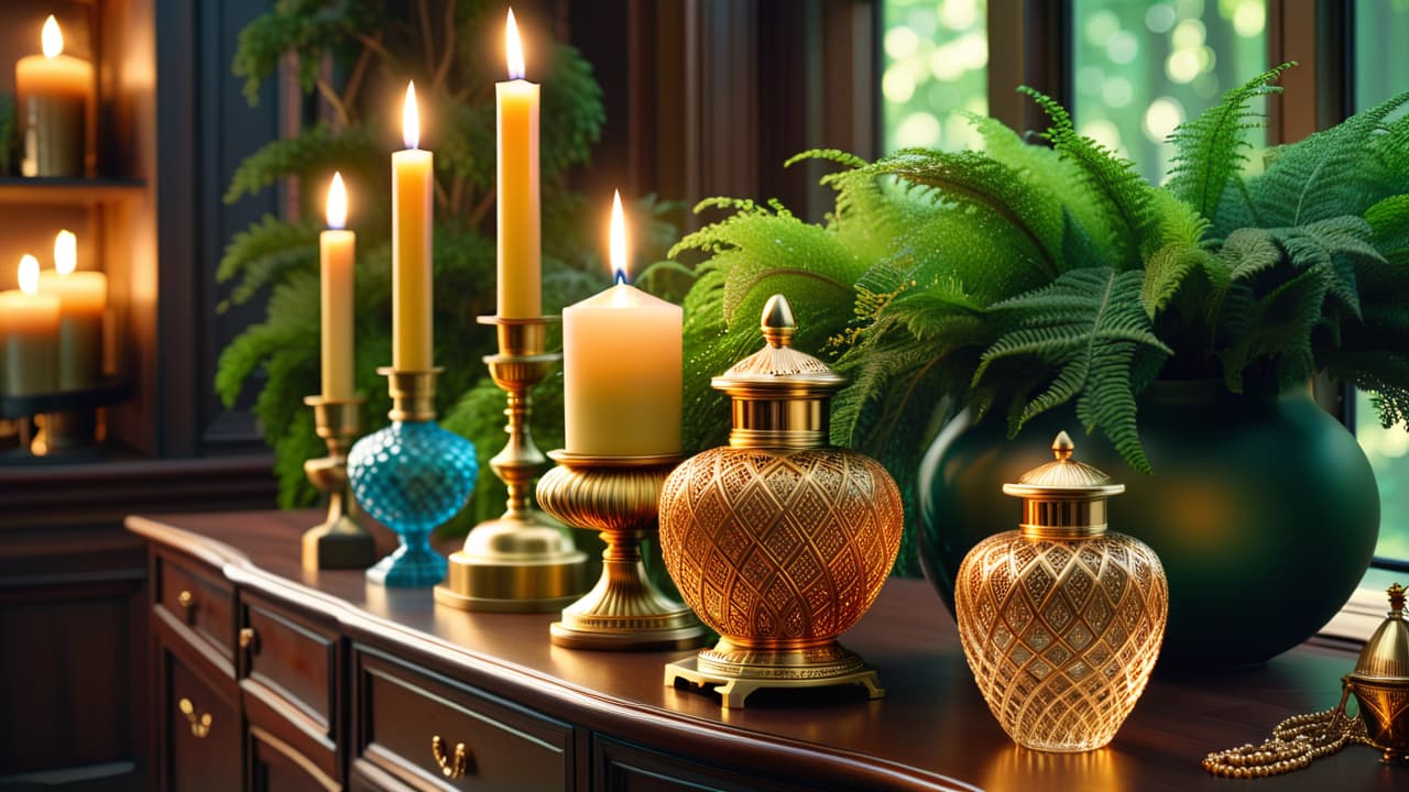  an opulent skincare display featuring gleaming gold jars, elegant crystal bottles, and luxurious velvet textures, surrounded by lush greenery and soft candlelight, exuding a sense of wealth and indulgence. hyperrealistic, full body, detailed clothing, highly detailed, cinematic lighting, stunningly beautiful, intricate, sharp focus, f/1. 8, 85mm, (centered image composition), (professionally color graded), ((bright soft diffused light)), volumetric fog, trending on instagram, trending on tumblr, HDR 4K, 8K