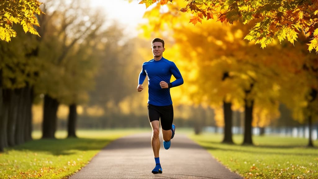  advertising style, stock photo, corporate branding style a person jogging on a park path with autumn leaves and morning sunlight. this image conveys health, fitness, and the beauty of an autumn morning ar 16:9 . professional, clean, modern, product focused, commercial, eye catching, minimalist, business oriented, highly detailed