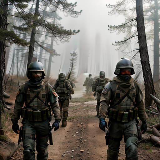  post apocalyptic style, several soldiers in a battle, dark mood, barren forest landscape, explosions, wounded hyperrealistic, full body, detailed clothing, highly detailed, cinematic lighting, stunningly beautiful, intricate, sharp focus, f/1. 8, 85mm, (centered image composition), (professionally color graded), ((bright soft diffused light)), volumetric fog, trending on instagram, trending on tumblr, HDR 4K, 8K