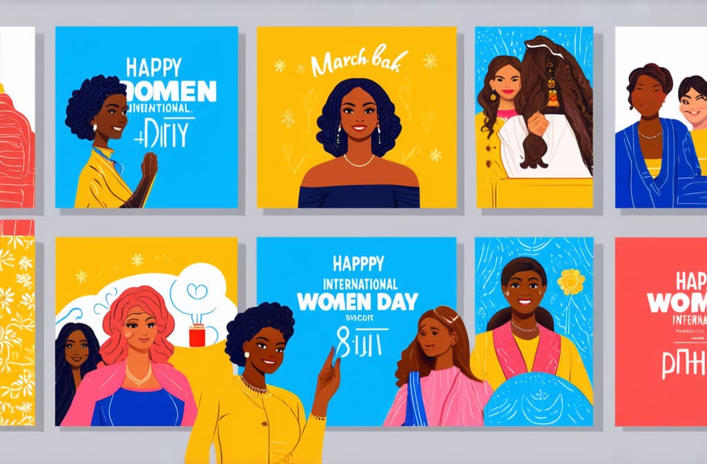  happy international women's day. march 8th. different races and nationalities. colored hand drawn vector illustrations. set of cards and seamless pattern ar 3:2 {prompt}, maximum details