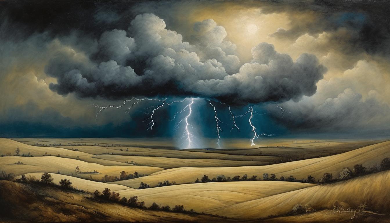  on parchment, surrealism++, a tumultuous thunderstorm, rolling dark clouds, electric energy in the air, thunder rumbling, reshaping the landscape, atmospheric, intense(mysterious, provocative, symbolic)++