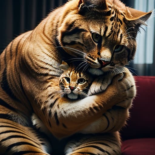  a big cat hugs a cute girl in the living room,pokemon hyperrealistic, full body, detailed clothing, highly detailed, cinematic lighting, stunningly beautiful, intricate, sharp focus, f/1. 8, 85mm, (centered image composition), (professionally color graded), ((bright soft diffused light)), volumetric fog, trending on instagram, trending on tumblr, HDR 4K, 8K