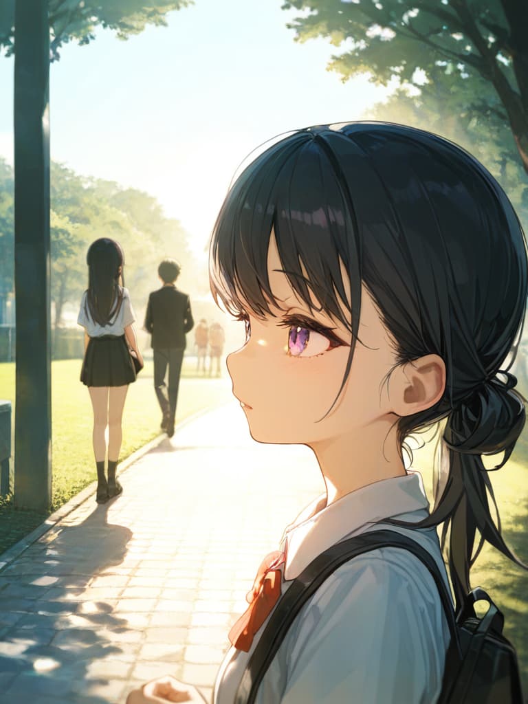  boys who became girls, first graders in junior high school, black hair ponytail, plain clothes, best friends, first graders, plain clothes, waiting in the park, masterpiece, best quality,8k,ultra detailed,high resolution,an extremely delicate and beautiful,hyper detail