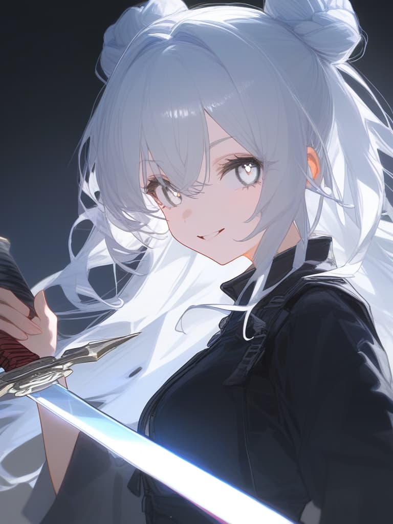  beauty girl,perfect girl,girl,hakama,袴,hairpin,簪,japanese style,transparent sword,stinking eyes,ジト目,cool,beauty,turn this way,white hair,white eyes,beautiful eyes,white eyelashes,close,smile,braided bun twintails