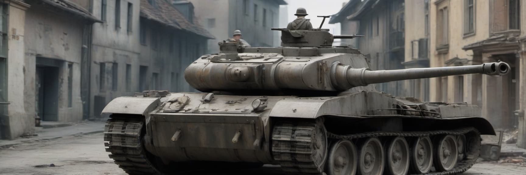  cinematic photo generate a german tiger 1 tank as similar as world war ii on a ruined street. make it even more like a tank from that historical period. paint it gray. the muzzle compensator on the barrel should have only one hole, not two. now add the gorilla who climbed out of the tank hatch on the turret and holds onto the machine gun . 35mm photograph, film, bokeh, professional, 4k, highly detailed