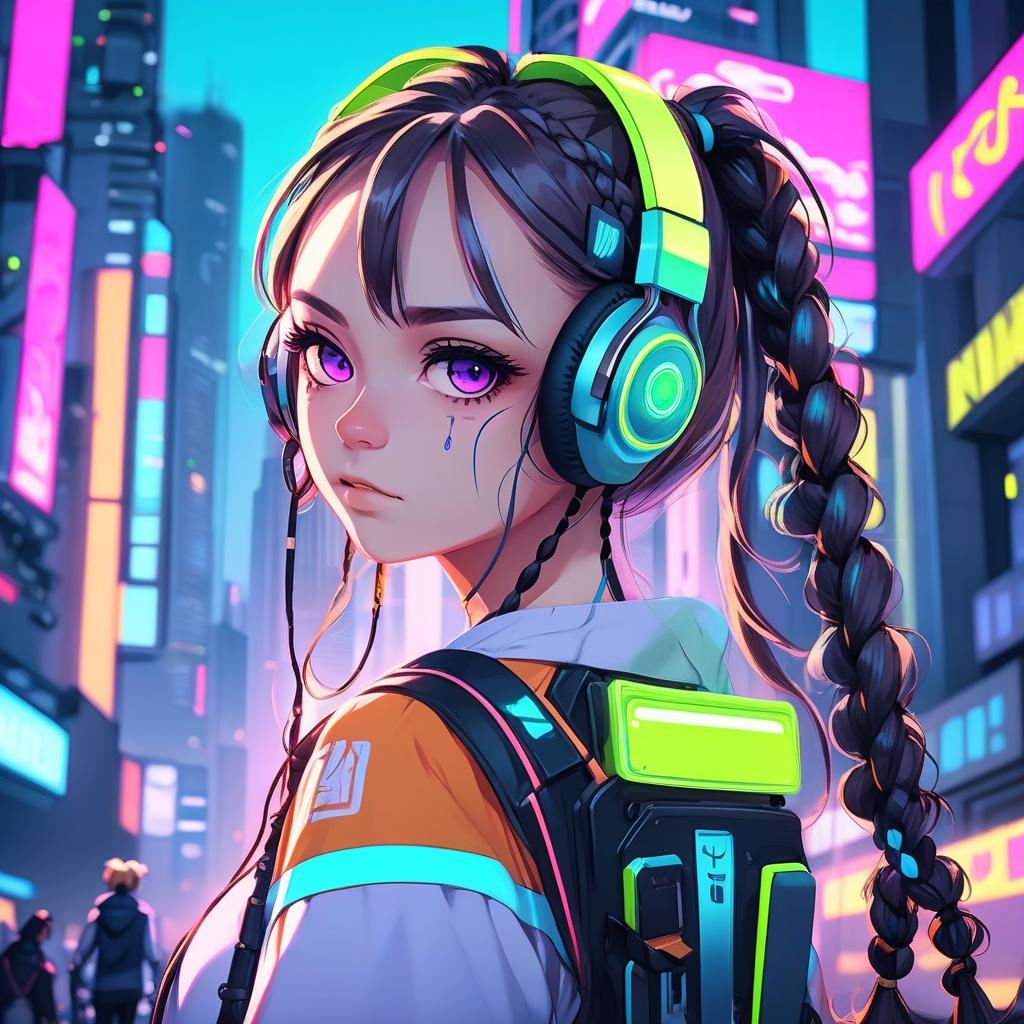  girl anime gamer in neon headphones against the background of the city of the future, hairstyle with two braids ponytails in full growth