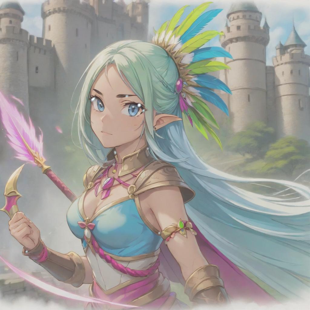  long exposure photo of portrait of strong rage amazonas queen archer. blue eye. long lightgreen hair. tilting head down, magenta mantle, shoulder pad feather, accessory necklace with pearls on the forehead, against the background of the castle siege . blurred motion, streaks of light, surreal, dreamy, ghosting effect, highly detailed, sticker, hkmagic