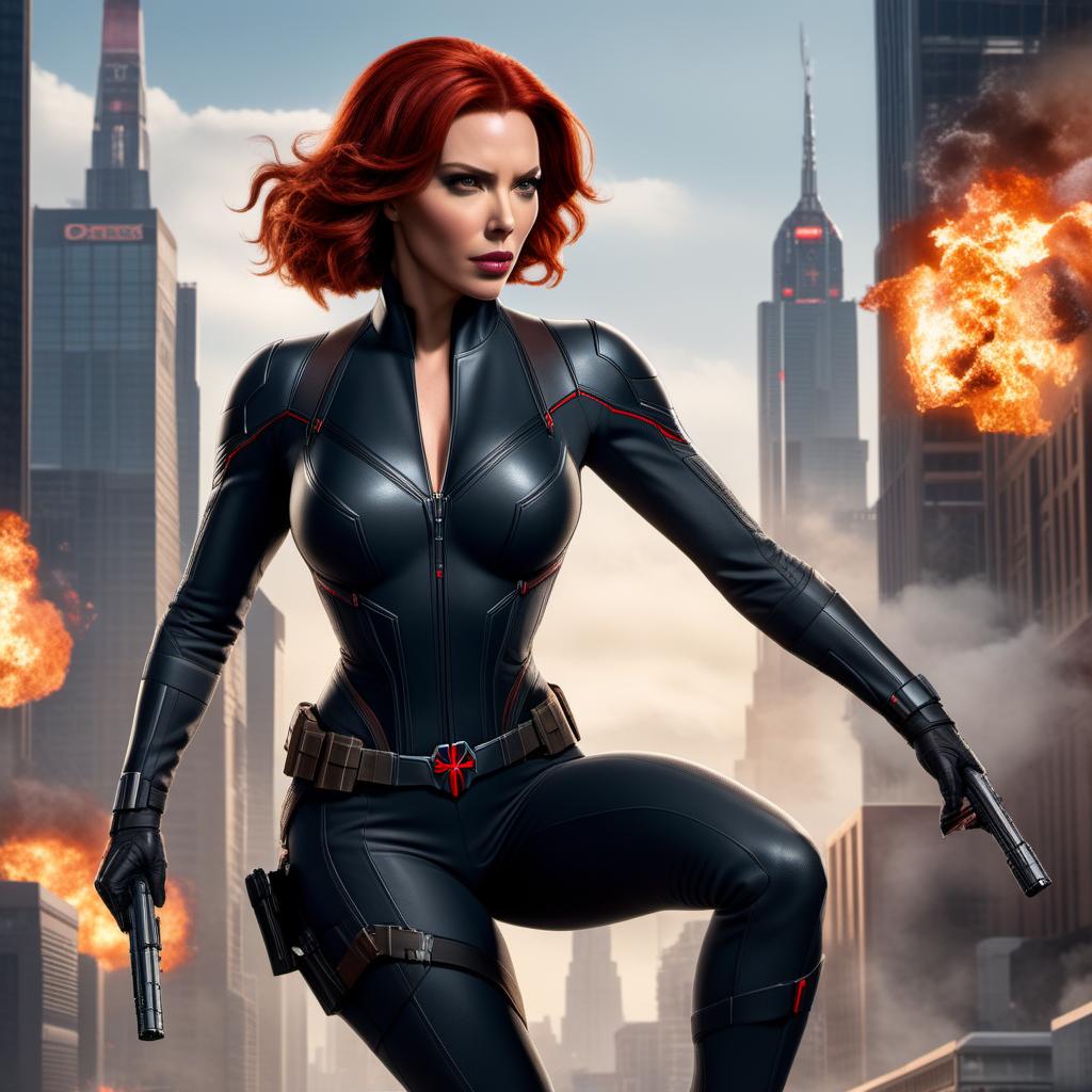  A highly detailed comic-style character design of Black Widow. The character should feature her sleek, tactical espionage suit, complete with wrist gauntlets, utility belt, and her distinctive red hourglass symbol. Include her iconic red hair, styled in a practical yet fashionable way for combat. The background can be a cityscape at night, emphasizing her role as a covert operative. The pose should be dynamic, showcasing her agility and combat readiness. hyperrealistic, full body, detailed clothing, highly detailed, cinematic lighting, stunningly beautiful, intricate, sharp focus, f/1. 8, 85mm, (centered image composition), (professionally color graded), ((bright soft diffused light)), volumetric fog, trending on instagram, trending on tumblr, HDR 4K, 8K