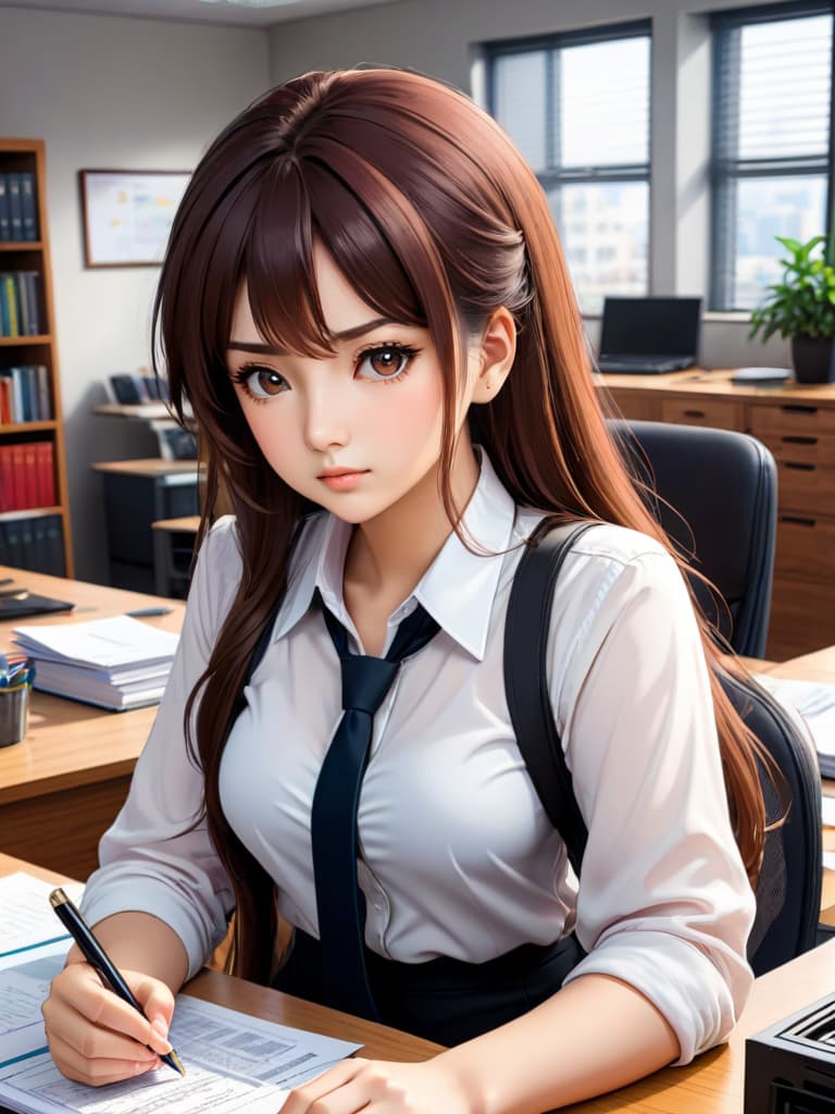  one girl study in the office, anime artwork, anime style, key visual, vibrant, studio anime, highly detailed