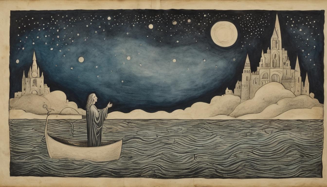  on parchment, surrealism++, a figure rising above murky waters into the night sky, transformation, becoming a beacon(mysterious, provocative, symbolic)++