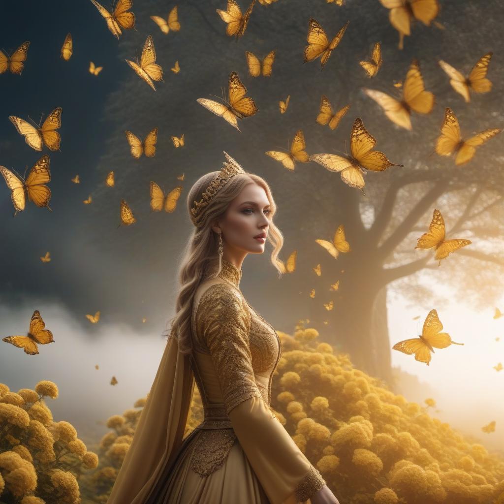  The style of the Golden Castle in Bavaria, flying butterflies, the Middle Ages. hyperrealistic, full body, detailed clothing, highly detailed, cinematic lighting, stunningly beautiful, intricate, sharp focus, f/1. 8, 85mm, (centered image composition), (professionally color graded), ((bright soft diffused light)), volumetric fog, trending on instagram, trending on tumblr, HDR 4K, 8K