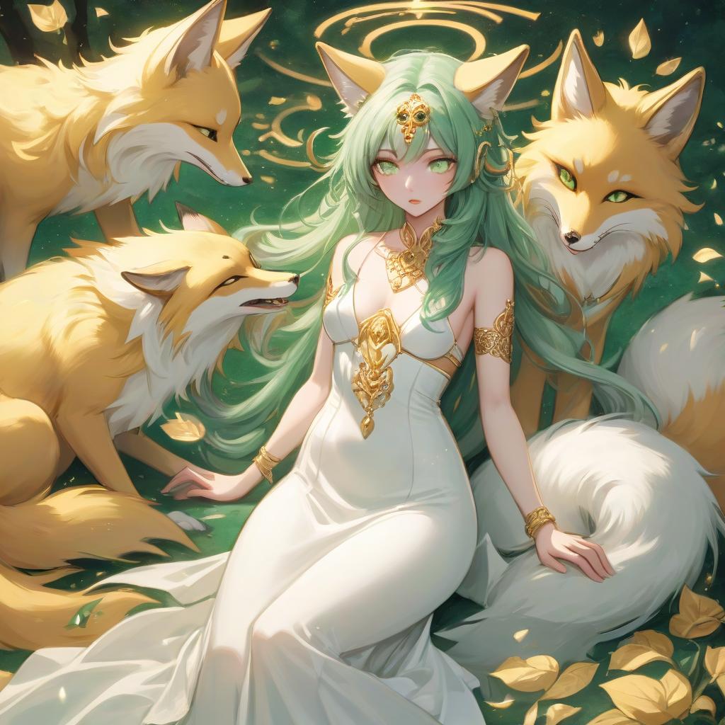  picture a woman goddess in a long white dress and green hair. next to her lies a large golden fox, surrounding the goddess with a tail. woman strokes her head, hkmagic