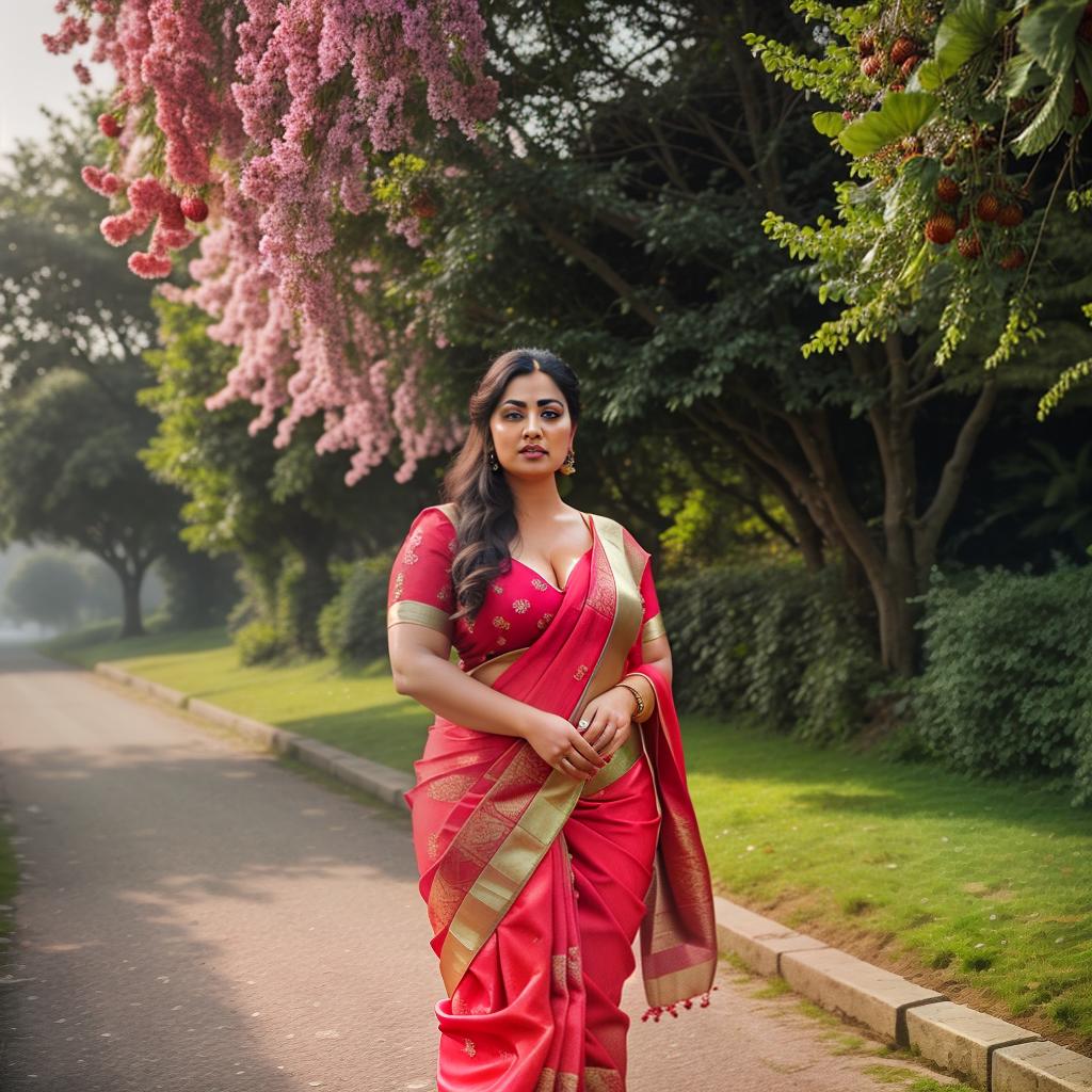  A Huge chubby Woman holding  strawberry in Hand, Saree and pallu, Clean face, strawberry Trees, No saturation, low vibrant hyperrealistic, full body, detailed clothing, highly detailed, cinematic lighting, stunningly beautiful, intricate, sharp focus, f/1. 8, 85mm, (centered image composition), (professionally color graded), ((bright soft diffused light)), volumetric fog, trending on instagram, trending on tumblr, HDR 4K, 8K