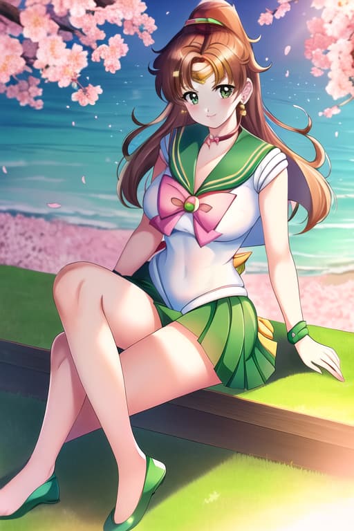  young women,full body,(sailor jupiter:1.3), (masterpiece), (highest quality), (intricate), (high detail),cherry blossom, relaxing under a cherry blossom tree, summer day, masterpiece, best quality, high quality, solo