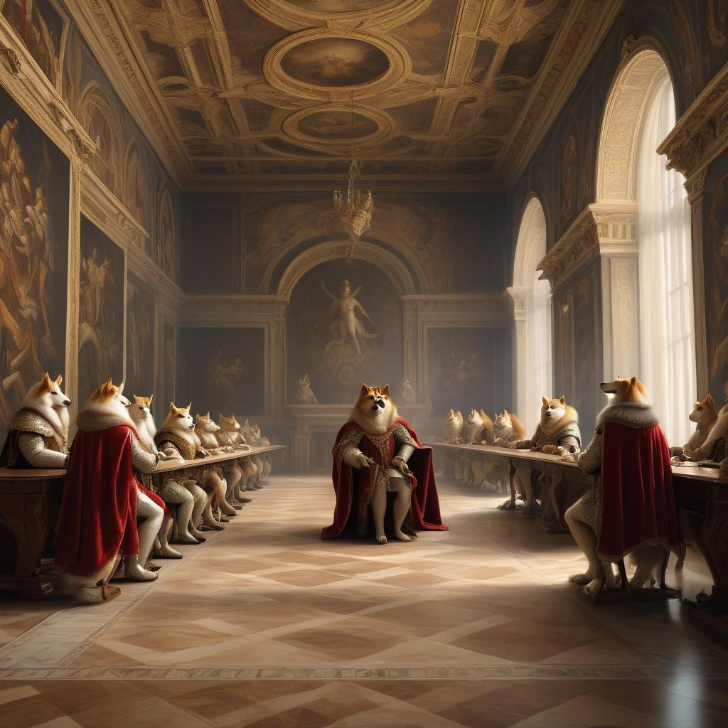  renaissance style council of venetian doges in the meeting room of the renaissance, furry griffins, council of venetian merchants, admirals . realistic, perspective, light and shadow, religious or mythological themes, highly detailed