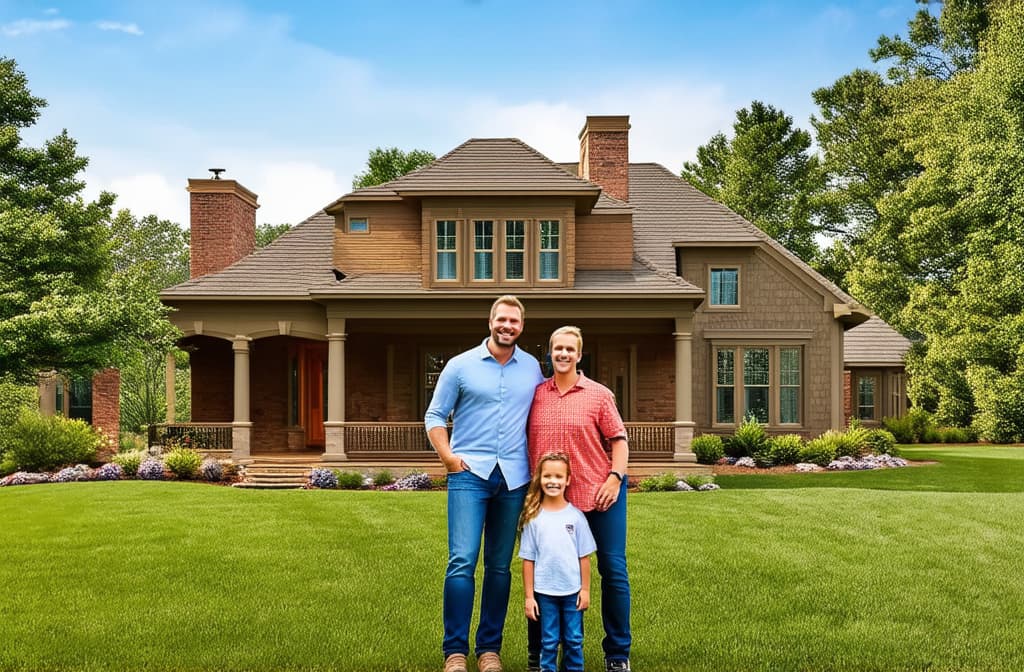  happy family standing in front of dream home in america ar 3:2 {prompt}, maximum details