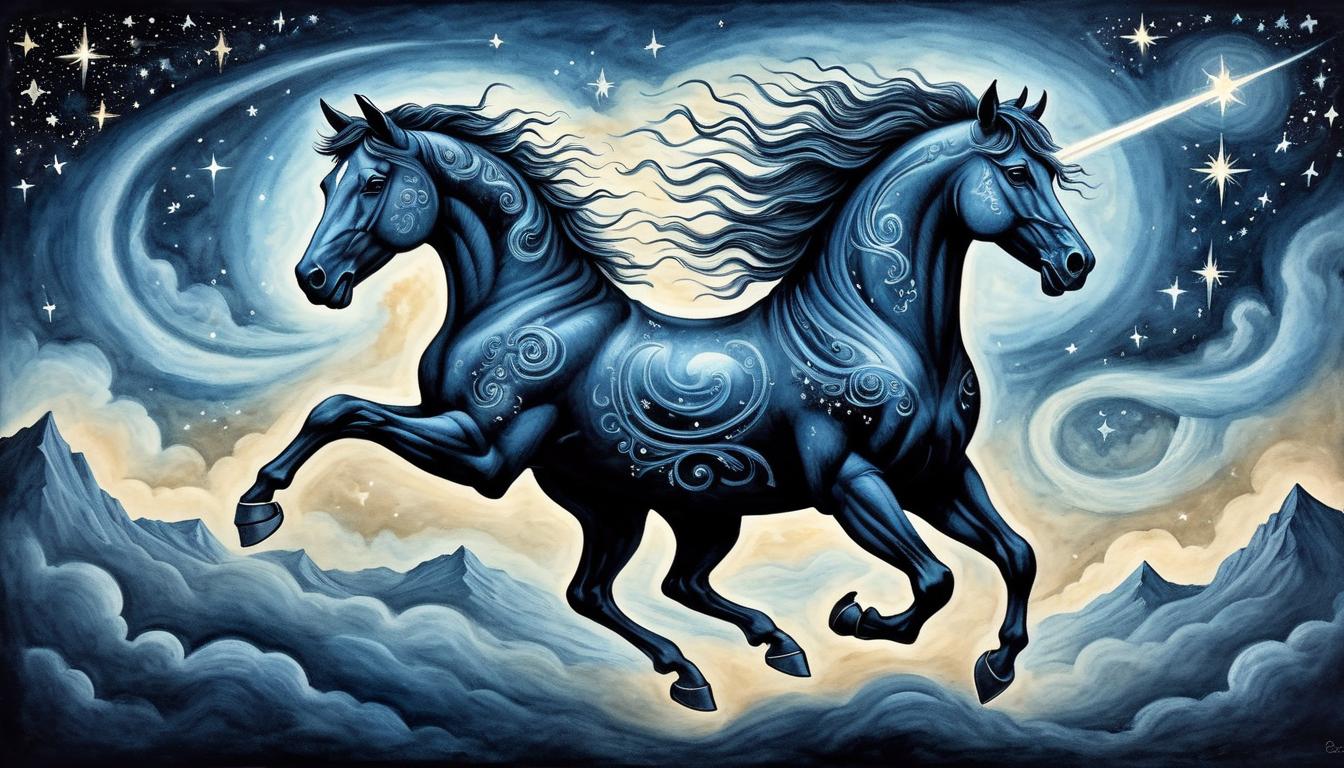  on parchment, surrealism+++, a celestial horse in mid stride, charging through the night sky, starlight trails, motion, journey, unstoppable(mysterious, provocative, symbolic,muted color)+++