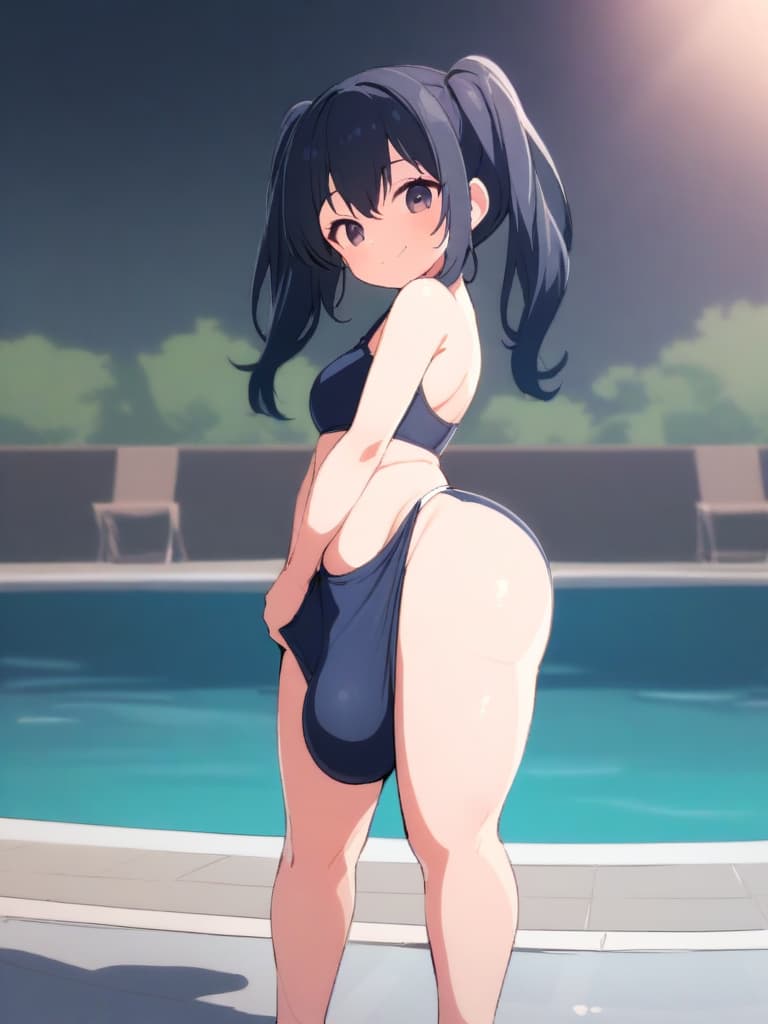  women's elementary (girls), twin tails, cute smiles, , low stature, dark blue swimwear, old swimwear, swimwear, simple , (bulging), man (bulge), (bulge), sharp (shaped crisp) , shape clearly (clear shape), front, whole body, pool side,