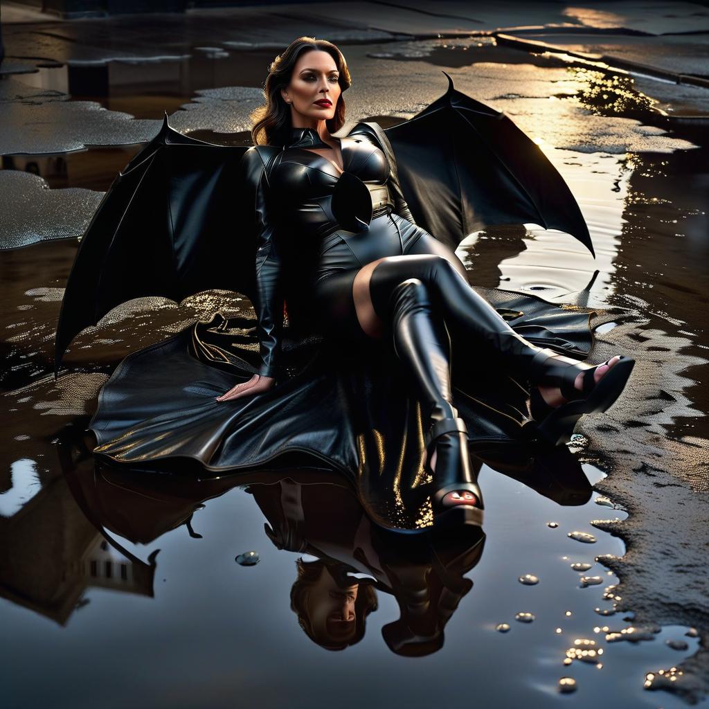  the old in a black leather , full length, sideways, in sandals on heels stands in a dark bat, on the floor of a puddle, her legs dirty. her hair is long black, she looks down. a man lies in her feet hyperrealistic, full body, detailed clothing, highly detailed, cinematic lighting, stunningly beautiful, intricate, sharp focus, f/1. 8, 85mm, (centered image composition), (professionally color graded), ((bright soft diffused light)), volumetric fog, trending on instagram, trending on tumblr, HDR 4K, 8K