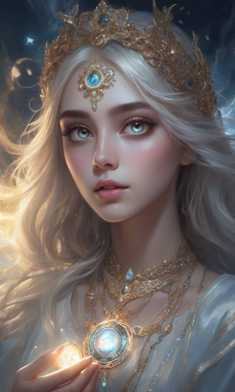  ethereal fantasy concept art of a girl with large silver eyes that shine with a bright, magical light, as if energy was burning inside them. eyes emit a mystical glow, emphasizing their depth and mystery epic necklace gold illuminates magical light . magnificent, celestial, ethereal, painterly, epic, majestic, magical, fantasy art, cover art, dreamy, hkmagic