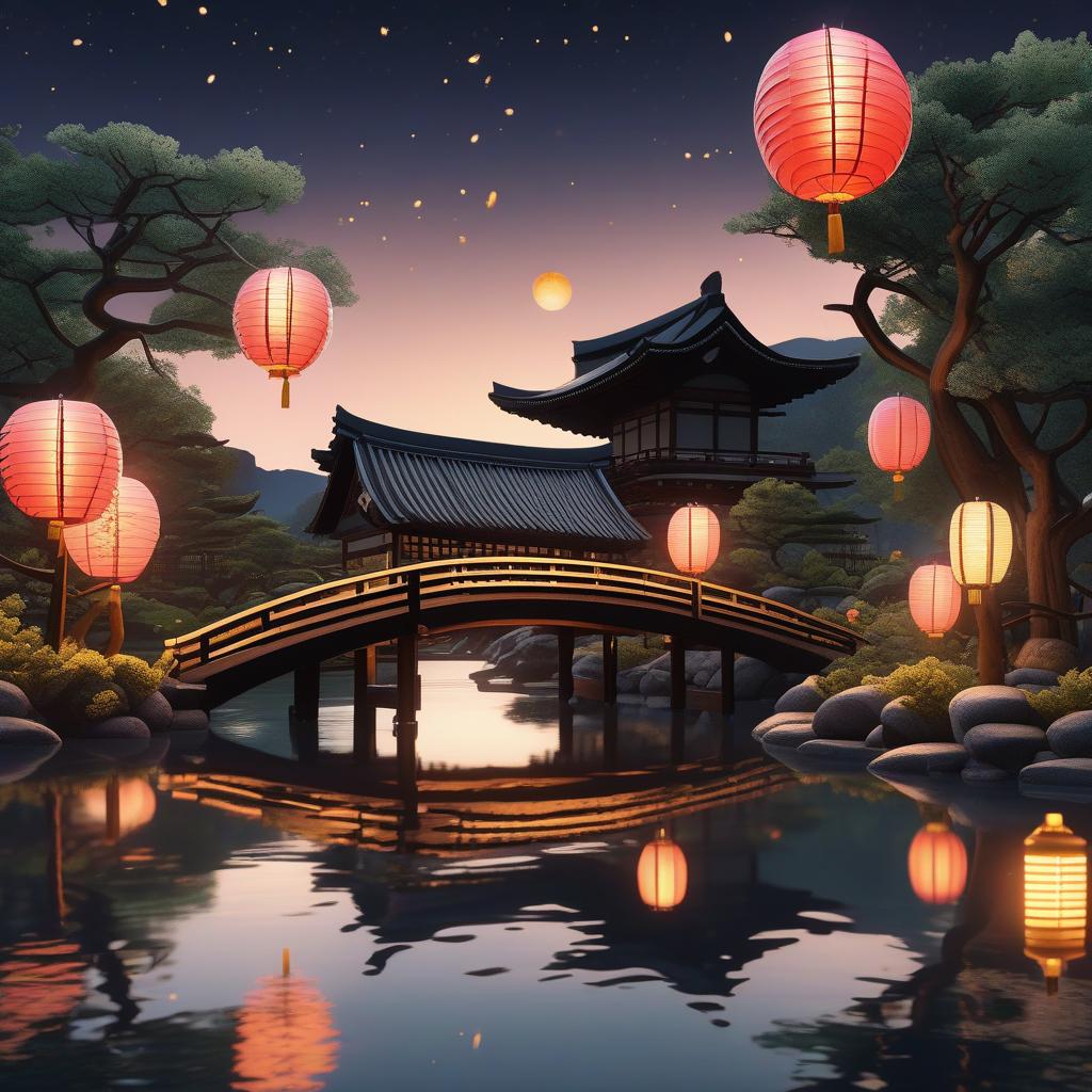  masterpiece, best quality,(fidelity: 1.4), best quality, masterpiece, ultra high resolution, 8k resolution, night view inspired by Japanese art, featuring a garden illuminated by paper lanterns and a wooden bridge spanning a tranquil lake with a small Zen temple by the lake. The water reflects the stars.