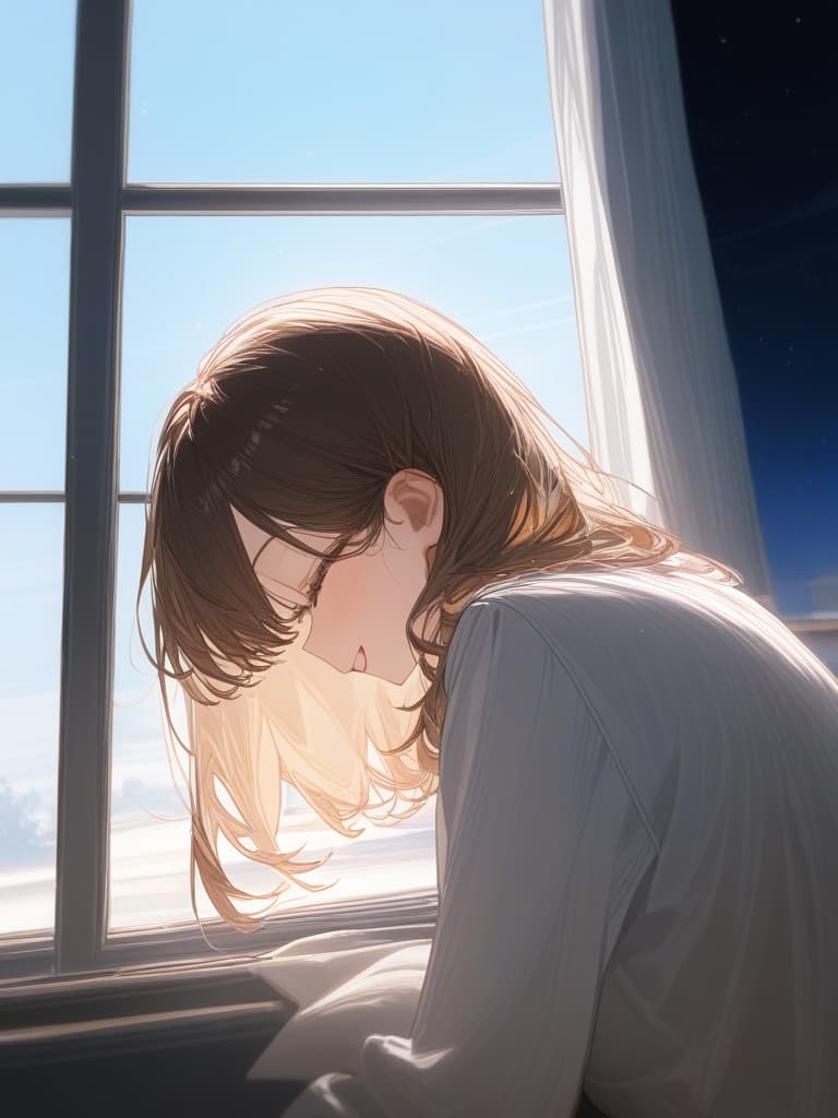  the background is the starry sky at night, the curtains swaying, the windows are open, the medium hair of bright brown hair, the transparent fleeting, the girl laughing at this, masterpiece, best quality,8k,ultra detailed,high resolution,an extremely delicate and beautiful,hyper detail