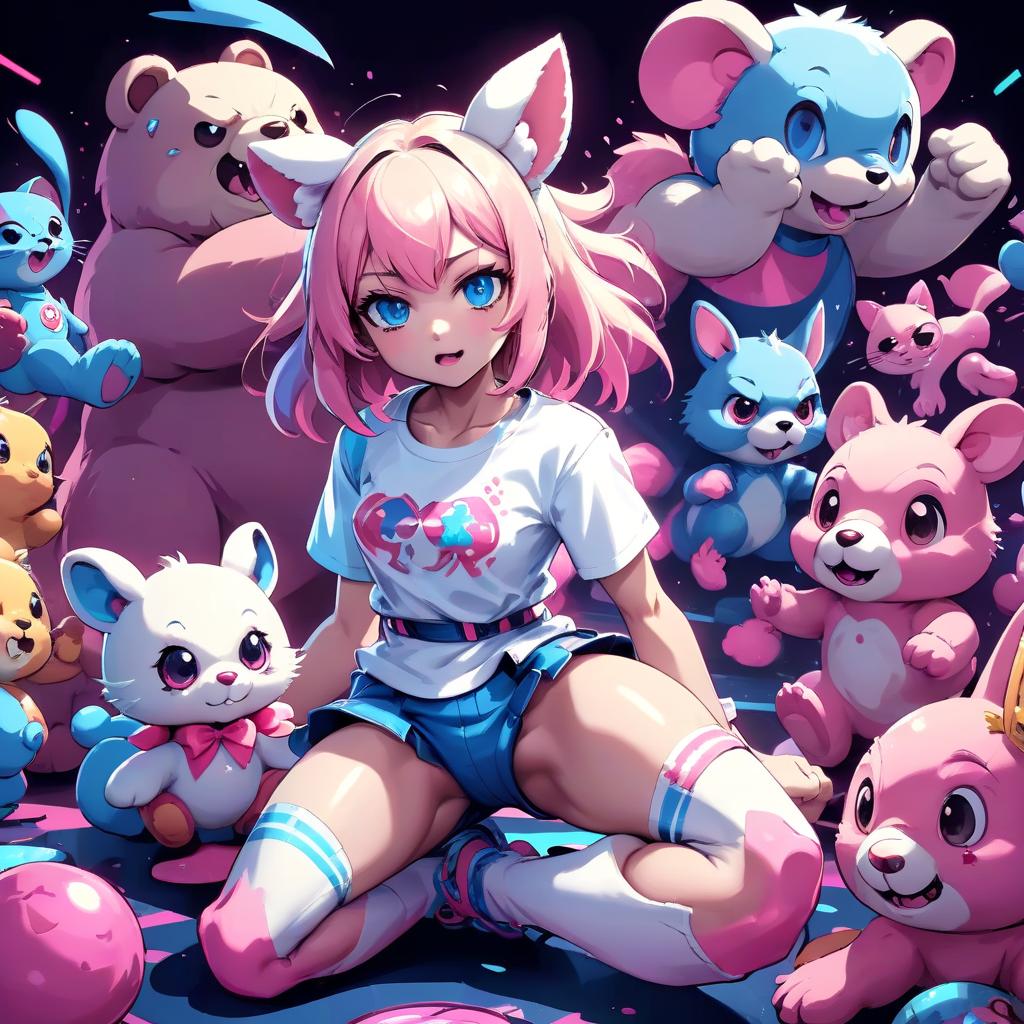  fighting game style a very beautiful girl in a white shirt plays soft toys on the floor, she holds a large bear in her hands, toys lie on the floor a bunny, a squirrel, a bear, a kitten, a dog, a mouse. neon patterns on the girl, on toys, lighting pink, girl's hair blue glowing, eyes blue, cartoons, animation. . dynamic, vibrant, action packed, detailed character design, reminiscent of fighting video games, t shirt design