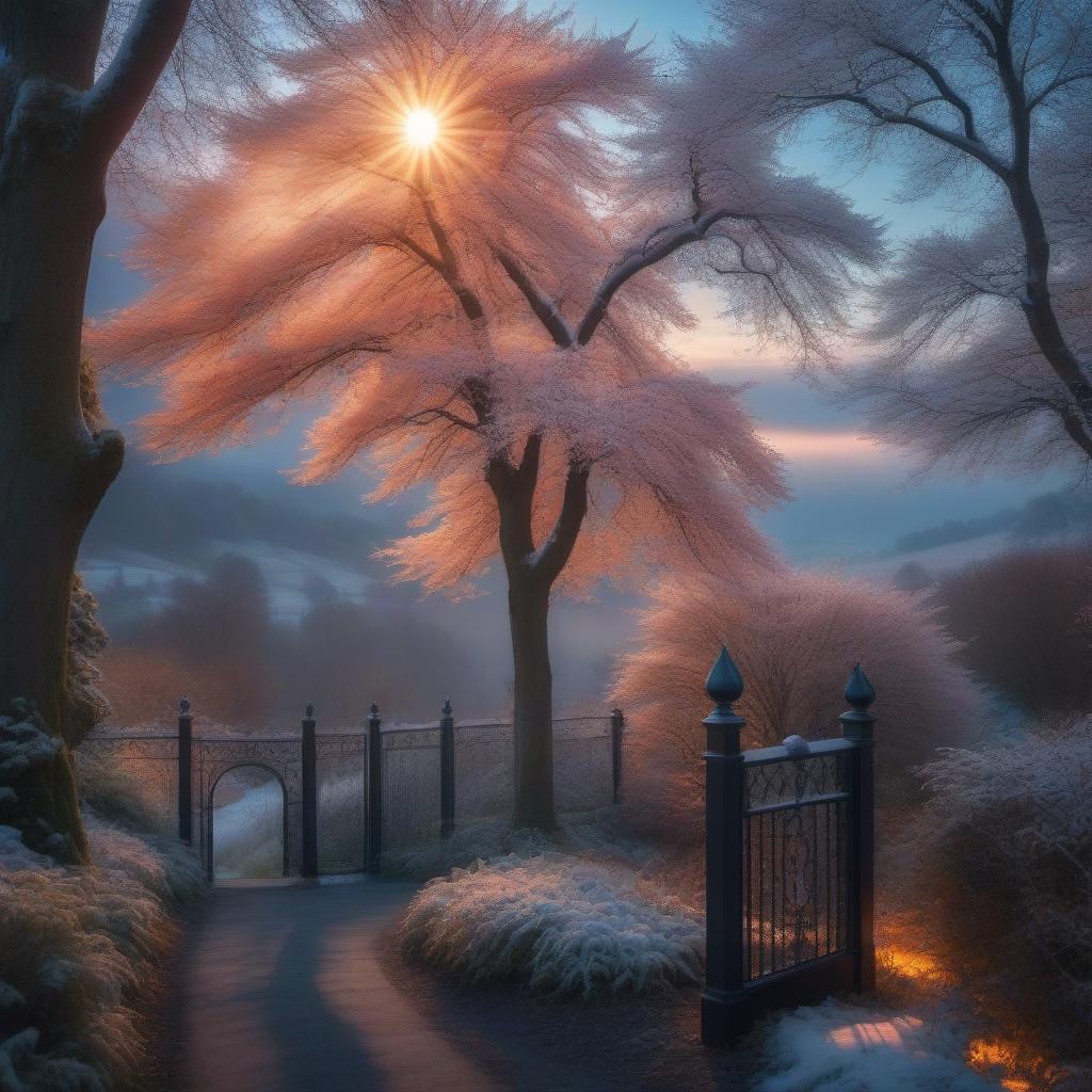  A winter evening with a beautiful sunset, beautiful whimsical clouds, a magnificent landscape hyperrealistic, full body, detailed clothing, highly detailed, cinematic lighting, stunningly beautiful, intricate, sharp focus, f/1. 8, 85mm, (centered image composition), (professionally color graded), ((bright soft diffused light)), volumetric fog, trending on instagram, trending on tumblr, HDR 4K, 8K