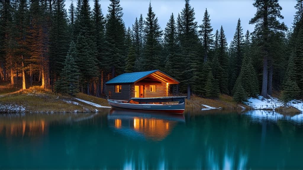  a boat sitting on top of a lake next to a forest, modernism, log cabin, teal aesthetic, beautiful low light, beatiful house, a brick cabin in the woods, mountain water, beautiful lit, canoe ar 16:9 {prompt}, maximum details