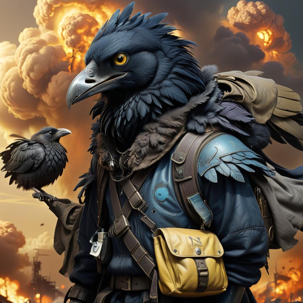  dystopian style black with blue tint avian humanoid race with raven head alchemist, ruffled feathers, mischievous yellow eyes, smiling, rags and leather cloak with lots of pockets, big backpack with pockets, nuclear explosions and detonation blasts . bleak, post apocalyptic, somber, dramatic, highly detailed, civitai