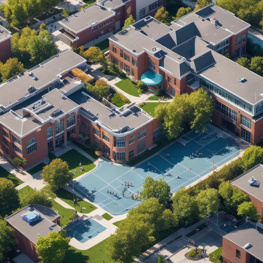  aerial image of high school courtyard with activities in the perfect suburbs , mystical style