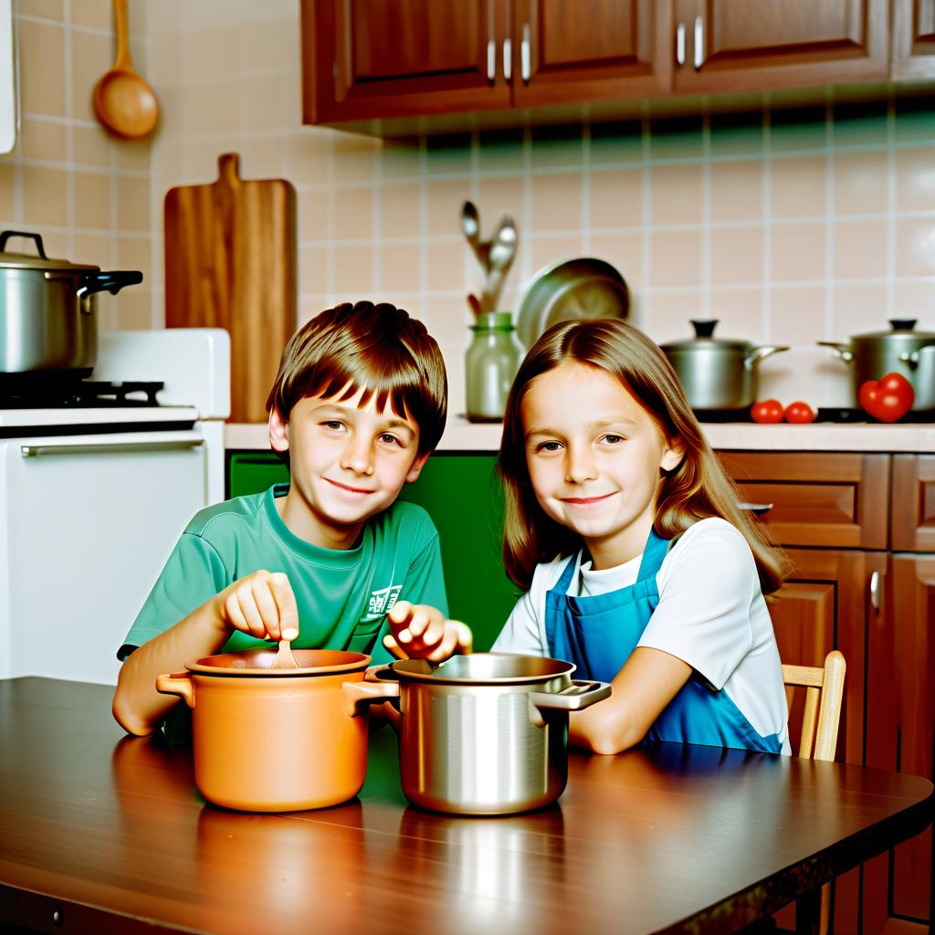  realistic photo. boy and girl. rite. pot. kitchen table., film photography style