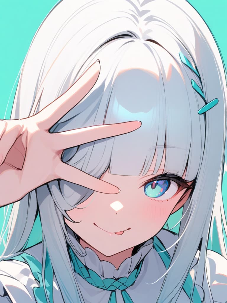  ultra detailed:1.2,masterpiece:1.2,best quality,masterpiece,bestquality,hdr:1.1,8k:1.1,very cute girl:1.3,(peace sign hand to over eye:1.7),(fingers between eye:1.3),grin smile,(tongue out:1.3),(close mouth:1.5),(frill sundressy:1.4),upper body,(face focus:1.4),(bangs diagonal cut:1.2),(blunt bangs:1.6),((white long hair:1.7)),(light aqua background color:1.4),hair band:1.3,hair pin,forehead:1.3,(dutch angle:1.4)(aqua eyes:1.4)