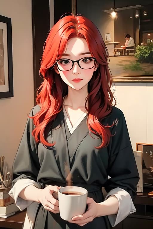  a red haired woman wearing glasses stands making coffee in a japanese style coffee shop., bichu,oil painting,impressionism advertising photo,high quality, good proportion, masterpiece , the image is captured with an 8k camera