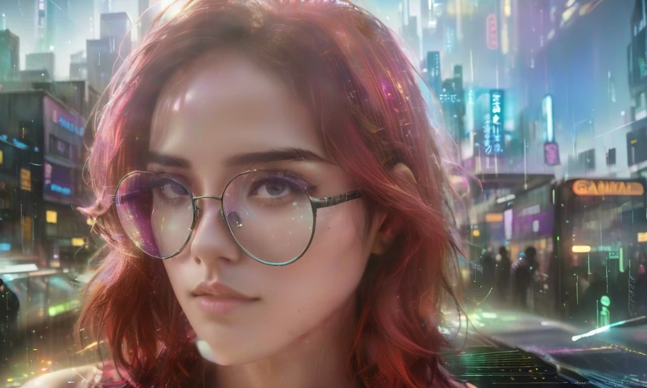  ((masterpiece, digital art: 1.3), very complex double exposure drawing inspired by yuumei,girl, glasses superimposed on a busy city street, cyberpunk aesthetics, cgsociety trend, multiple exposure technique, texture overlay with luminous holographic elements, technicolor color palette, bright city lights illuminating the scene, reminiscent of color the gamut of the matrix movie on pinterest, high definition images, colorful fairy tale atmosphere, carefully crafted details i, civitai, glowneon