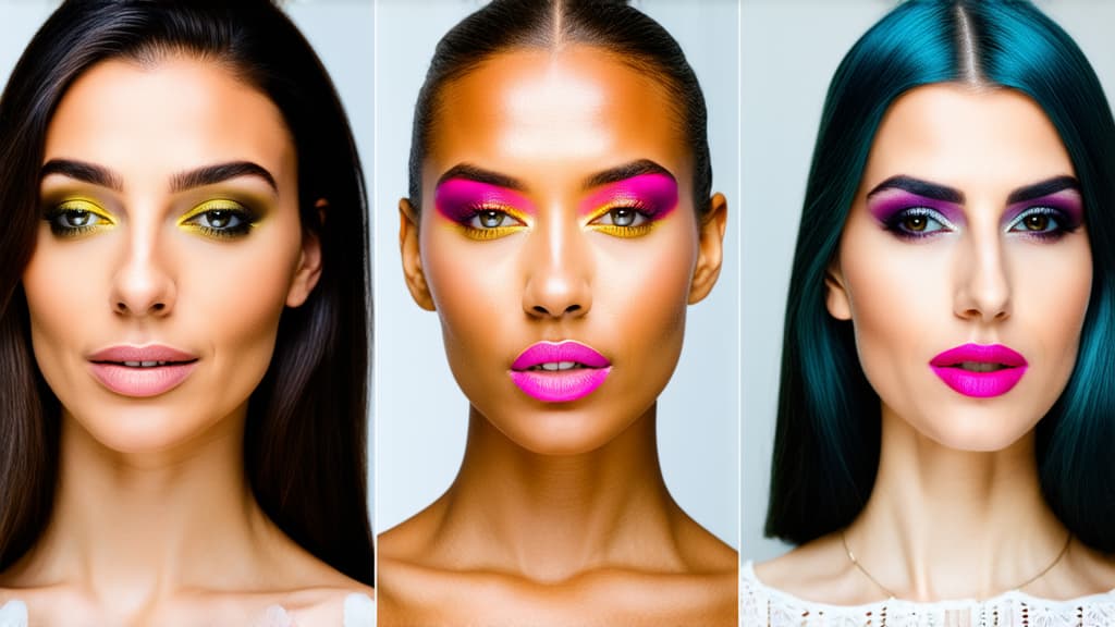  different beauty. set of different female heads with bright makeup on a light background. ar 16:9, (natural skin texture), highly detailed face, depth of field, hyperrealism, soft light, muted colors