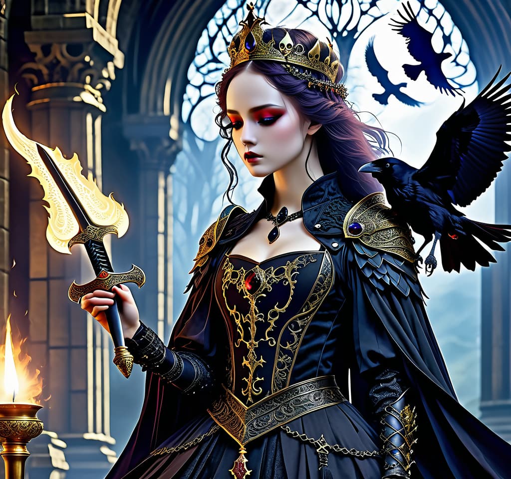  gothic style i am the sword's dream, the farewell flame, the raven's food. ((and you will dance with me from now on)), the king's youngest son. (style):high quality, close up, fantasy, fairy tale, legend, scottish mythology. . dark, mysterious, haunting, dramatic, ornate, detailed, civitai, hkmagic