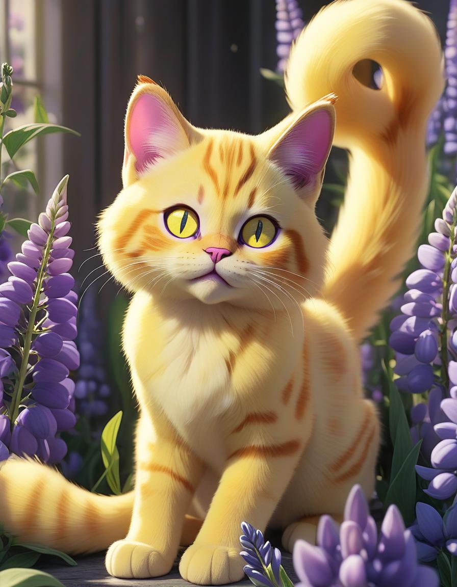  draw a yellow cat with purple eyes and wings, which is among the purple flowers of lupin, sticker