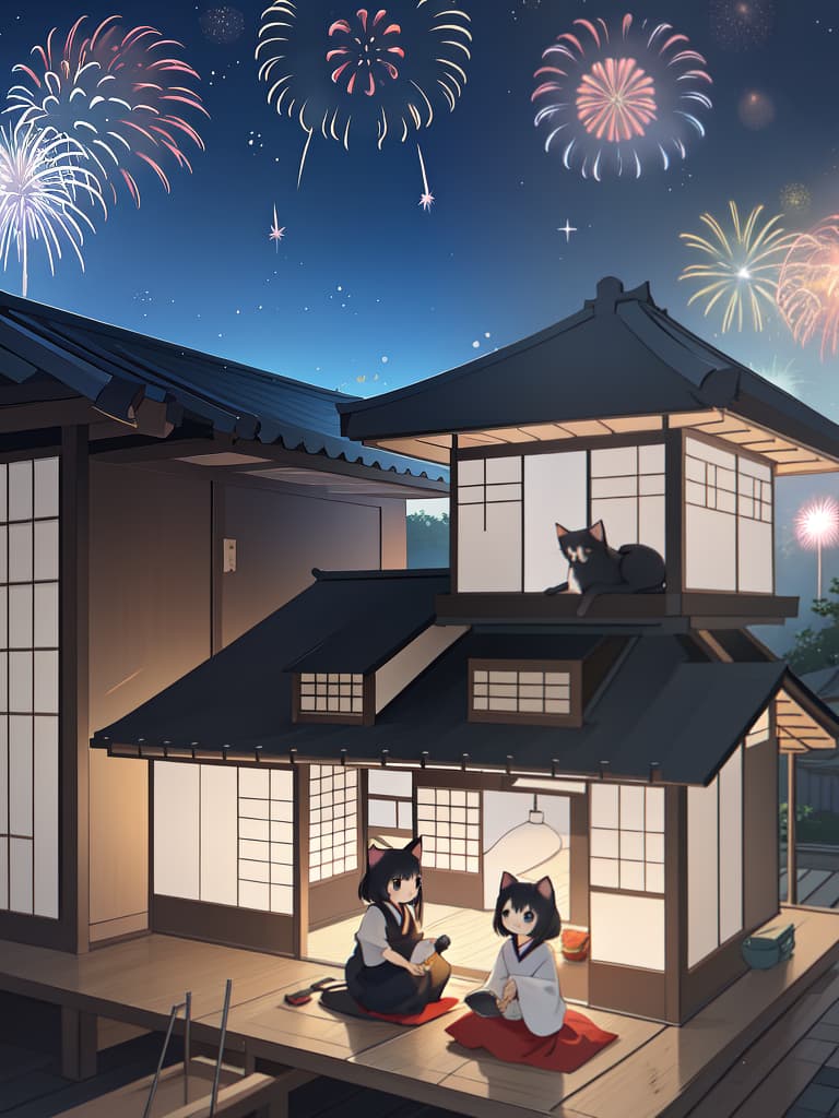  1cat,small cat ,japanese cat ,sit and look up，japanese house roof ,sit on a tiled roof,fireworks,midnight,