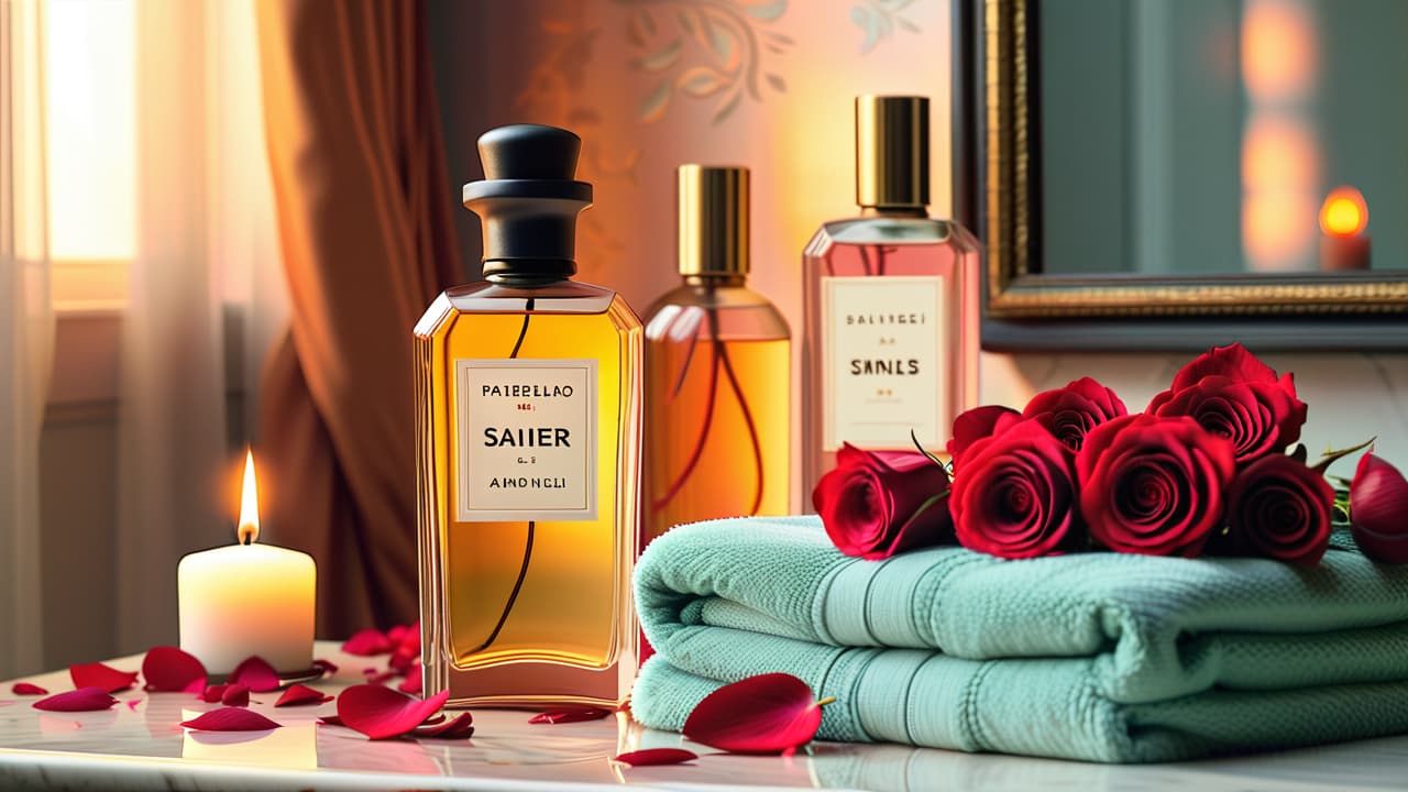  a lavish vanity adorned with elegant skincare bottles, soft candlelight casting a warm glow, plush towels, and scattered rose petals, all set against a backdrop of polished marble and delicate flowers. hyperrealistic, full body, detailed clothing, highly detailed, cinematic lighting, stunningly beautiful, intricate, sharp focus, f/1. 8, 85mm, (centered image composition), (professionally color graded), ((bright soft diffused light)), volumetric fog, trending on instagram, trending on tumblr, HDR 4K, 8K