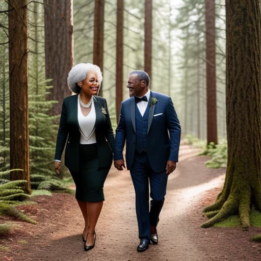  old black couple enjoying a walk on a trail in the forest hyperrealistic, full body, detailed clothing, highly detailed, cinematic lighting, stunningly beautiful, intricate, sharp focus, f/1. 8, 85mm, (centered image composition), (professionally color graded), ((bright soft diffused light)), volumetric fog, trending on instagram, trending on tumblr, HDR 4K, 8K