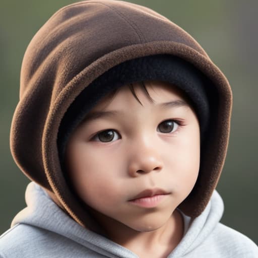  A boy with a gorrila hat on with brown hair and wearing a black hoodie