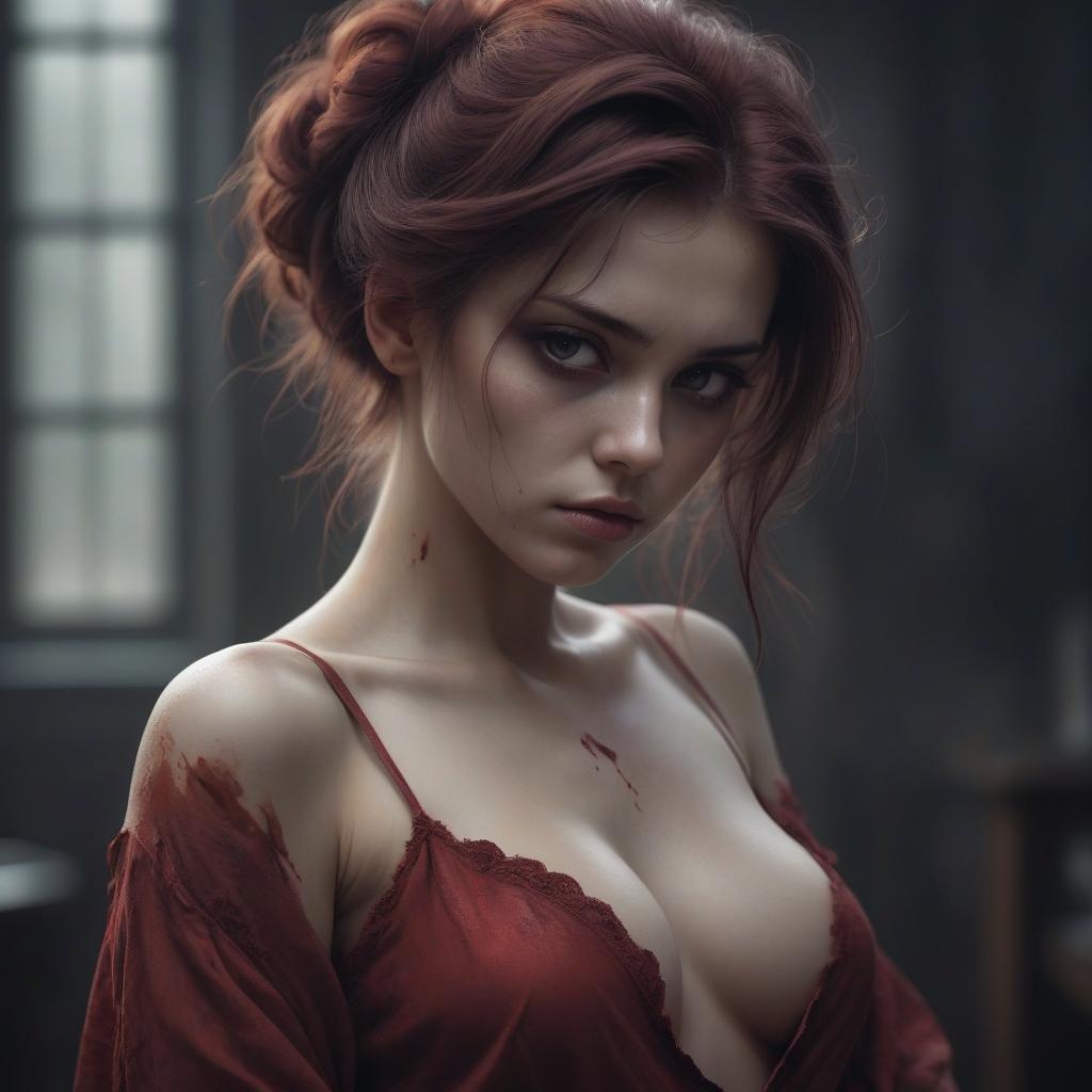  a girl with a brooding look, bloody hair, graceful and beautiful figure, high detail, soft light, artistic style, mysterious atmosphere