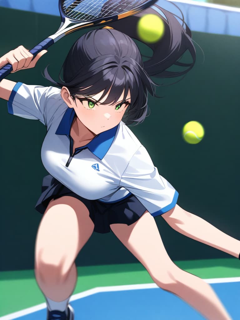  (masterpiece, highest quality,), beautiful fine eyes, very detailed, black hair, aho hair, long hair, green eyes, ponytails, busty, blurred background, shy pinup, tennis, tennis racket: 1.1), wearing tennis uniforms, tennis courts, (moving: 1.2), hitting the ball with a tennis ball, some players, standing in one foot </input> </xml>, , motion blur, with a racket with one hand, with the right hand, hit, one ball