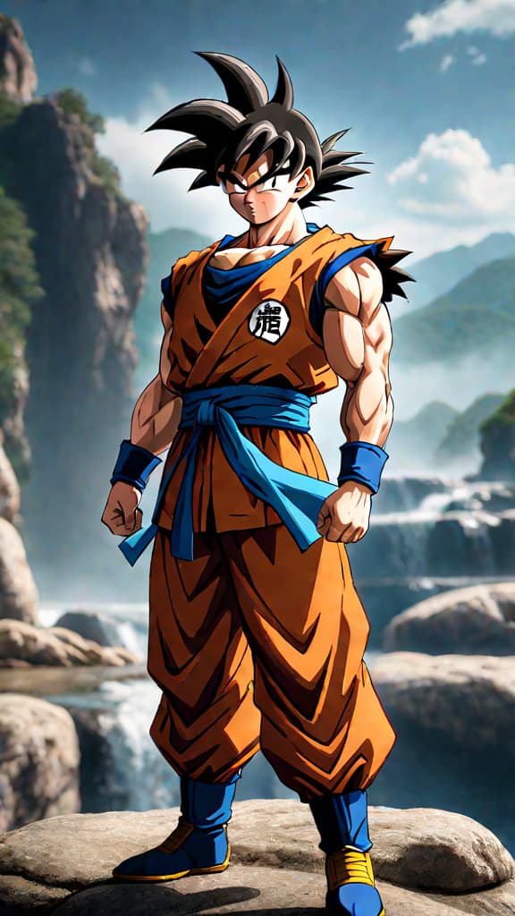  anime art: goku from dragon ball z evolves, mastering ki energy with each challenge. hyperrealistic, full body, detailed clothing, highly detailed, cinematic lighting, stunningly beautiful, intricate, sharp focus, f/1. 8, 85mm, (centered image composition), (professionally color graded), ((bright soft diffused light)), volumetric fog, trending on instagram, trending on tumblr, HDR 4K, 8K