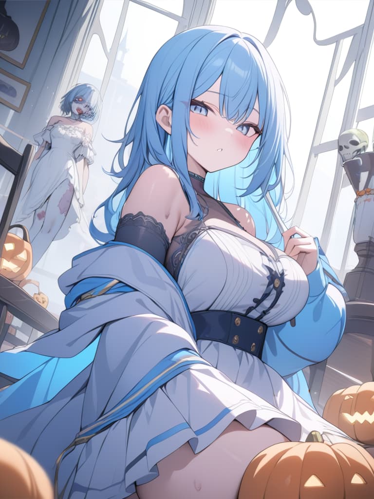  halloween, zombies, bob hair, light blue, light blue hair, masterpiece, best quality,8k,ultra detailed,high resolution,an extremely delicate and beautiful,hyper detail