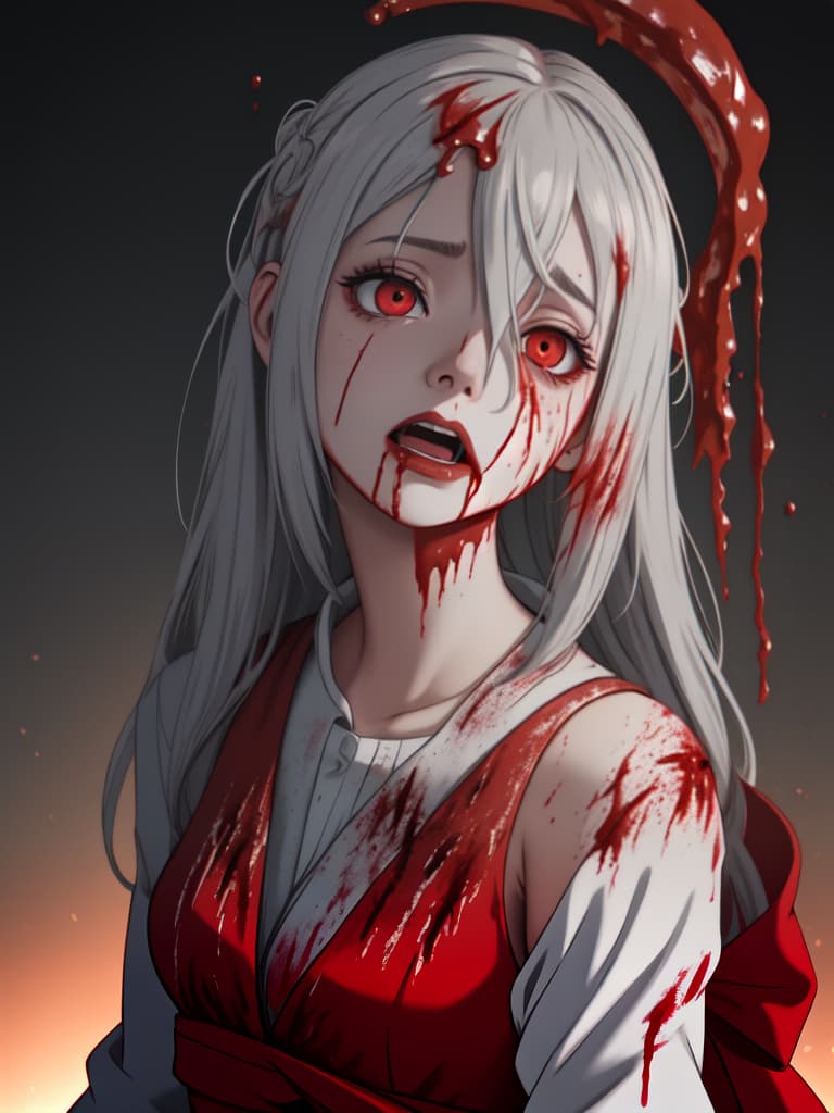  gray skim zombie girl、((bloody expressionless face:1.4))、((looking back:1.3、fron behind、head tilt))、((blood flows from the eyes:1.2))、glowing red eyes、bare shoulder、open mouth、best quality:1.4、masterpiece:1.4、ultra detailed texture、raw photorealistic、absurd resolution、8k illustration、💩、💩、💩、💩、💩、 hyperrealistic, full body, detailed clothing, highly detailed, cinematic lighting, stunningly beautiful, intricate, sharp focus, f/1. 8, 85mm, (centered image composition), (professionally color graded), ((bright soft diffused light)), volumetric fog, trending on instagram, trending on tumblr, HDR 4K, 8K