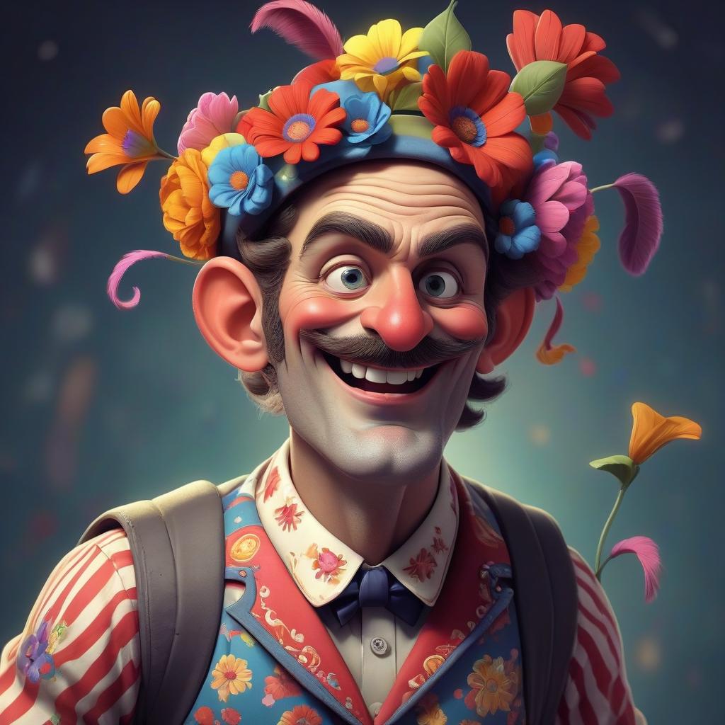  a circus man who is musical, funny, friendly with children. clothes with bright flowers. the headdress is original with flashlights. he has a backpack on his back