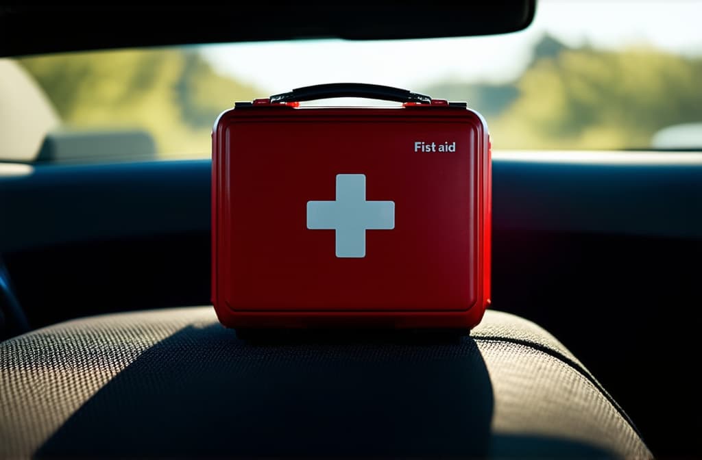  cinematic film style, a red first aid kit with medicines is in the car ar 3:2, shallow depth of field, vignette, maximum details, high budget hollywood movie, bokeh, cinemascope, moody, epic, gorgeous, sun rays and shadows on furniture and surfaces, flattering light, raw photo, photography, photorealistic, 8k resolution, f1.4, sharpened focus, sharp focus